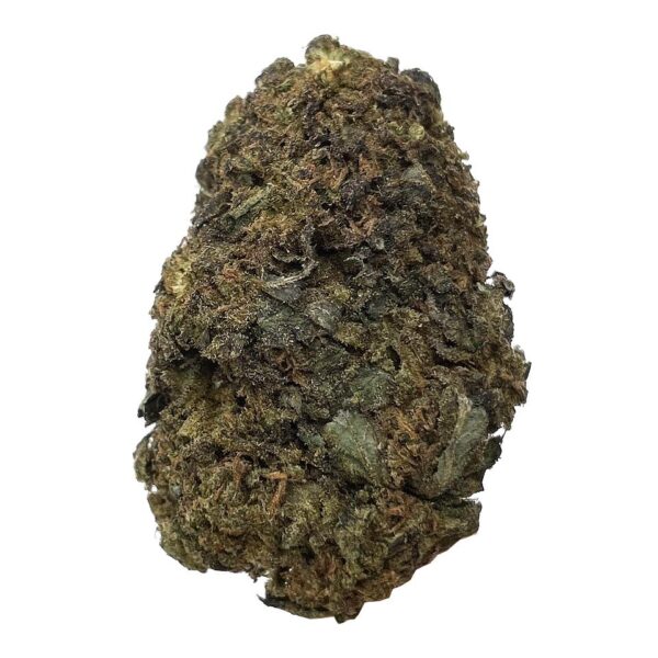 Black Diamond Kush strain with dense green buds, purple hues, and frosty trichomes