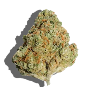 High-quality Sour Diesel cannabis strain with dense green buds, orange pistils, and frosty trichomes.