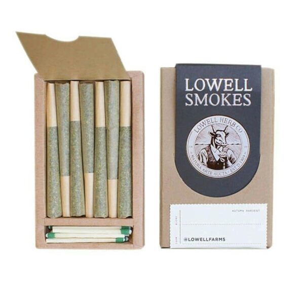 A pack of Lowell Smokes Pre-Rolls featuring premium, hand-rolled cannabis joints in eco-friendly packaging, made from 100% natural, sun-grown flower.
