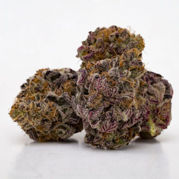 Close-up of Granddaddy Purple cannabis strain showcasing deep purple buds, frosty trichomes, and vibrant orange hairs, known for its sweet grape aroma and strong relaxing effects.
