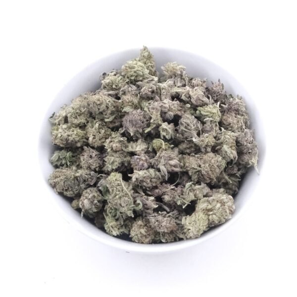 Purple Punch Smalls featuring dense, trichome-covered buds with deep purple and green hues, perfect for relaxation and stress relief.