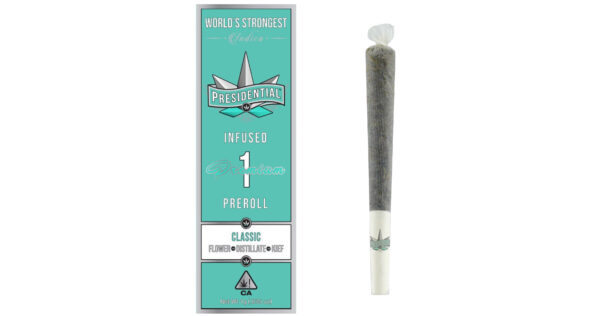 A close-up of Presidential Moon Rock Pre-Rolls, showcasing top-shelf cannabis flower infused with THC distillate and coated in kief for maximum potency. The pre-rolls are neatly rolled and ready to smoke, offering a smooth, slow-burning experience.