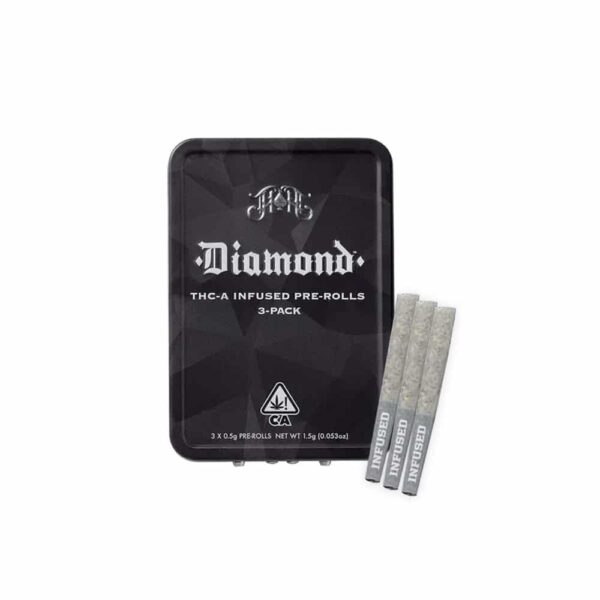 A pack of Heavy Hitters Diamond Infused Pre-Rolls, featuring premium cannabis flower infused with THCA diamonds for maximum potency. Smooth-burning, high-quality pre-rolls with rich terpene flavors.