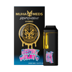 Close-up of a Berry Gelato Muha Meds vape cartridge with sleek packaging, highlighting its premium quality, fruity flavor, and potent THC effects.