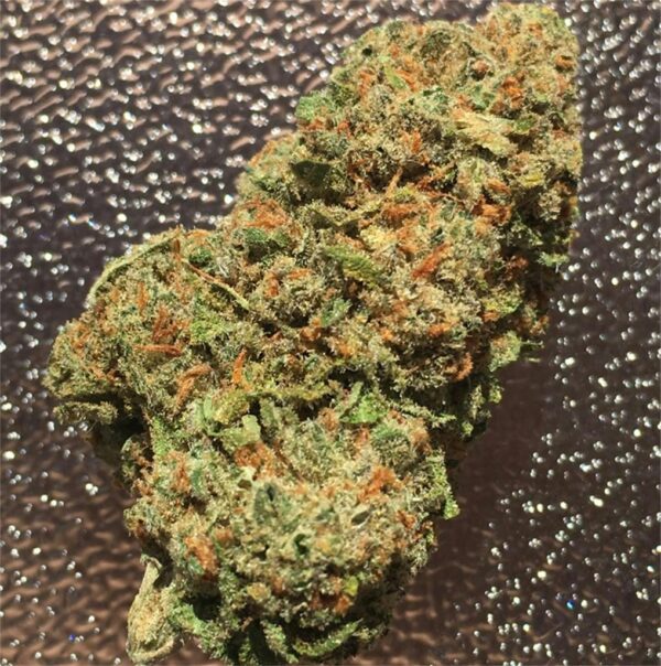 Close-up of strawberry cough strain with frosty trichomes and vibrant orange pistils, known for its sweet strawberry aroma and uplifting effects.