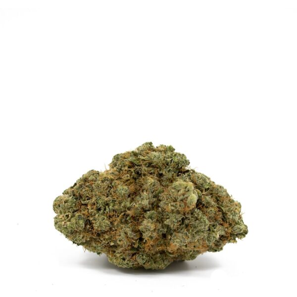 Close-up of Lemon Cherry Gelato cannabis buds with frosty trichomes, showcasing vibrant green, purple, and orange hues.